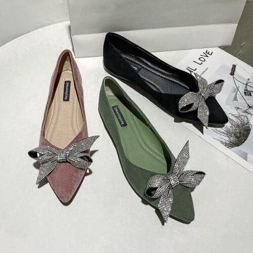 Glisten crystal inlay bow-knot flats ballrina shoes women comfy pointed toe moccasins flock soft sole slip on zapatillas 35-45