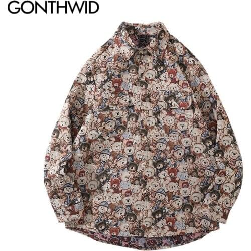 GONTHWID Harajuku Streetwear Shirts Coats Cartoon Bear Casual Button Blouse Jacket Hip Hop Fashion Loose Casual Long Sleeve Tops