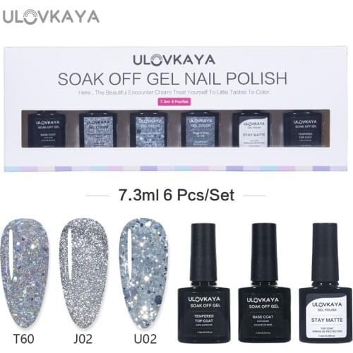 ULOVKAYA 6Pcs/Set Matte And Tempered Top Coat Silver Glitter Nail Gel Polish Soak Off Gel Varnish Long-lasting Nail Gel Lacquer