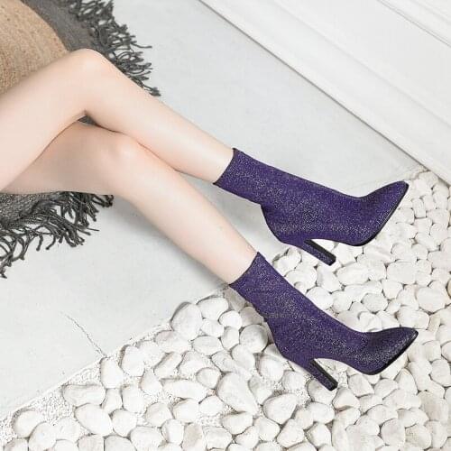 YMECHIC 2018 Fashion Thin High Heels Stretch Stocking Boots Bling Party Autumn Winter Shoes Woman Ridding Ankle Boots Large Size