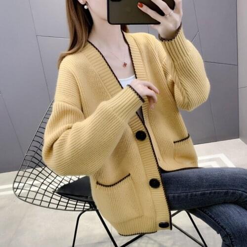 Womens Cardigan Knitted Korean Fashion Stripe Wool Sweater Female Winter Long Sleeve V-Neck Single-Breasted Casual Outerwear