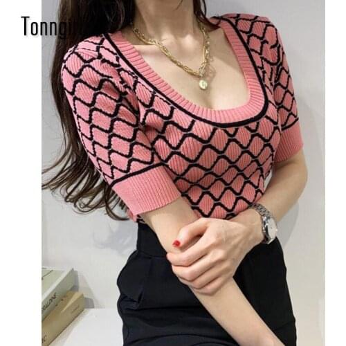 Tonngirls High Quality Sexy Halterneck Silk Knitwear Reversible Gridding Short Sleeve Womans Sweater Slim Japanese Streetwear