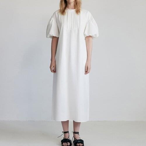 Johnature 2021 Summer New Korean Puff Sleeve Women Dresses Casual Solid Color Loose O-neck Tie Simple Female Dress