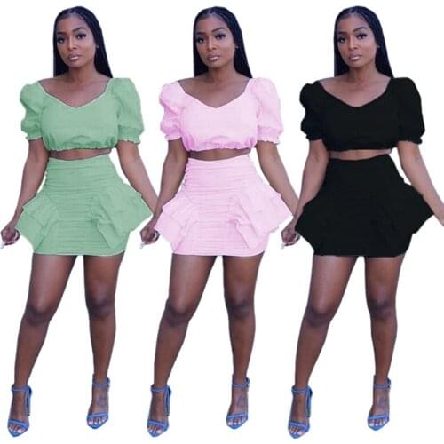 ZKYZWX Two Piece Skirt Set Puff Sleeve Crop Top Ruffles Draped Bodycon Mini Dresses Summer Vacation Outfits Sexy Matching Sets