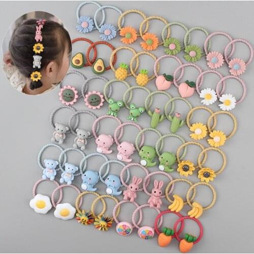 2Pcs Baby Cartoon Elastic Hair Tie Cute Animal Flower Hair Rope Girls Headdress Sun Flowers Ponytail Fixer Rubber Band Headband