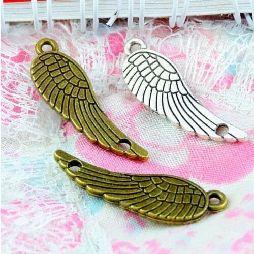 50pcs/lot 9.8*31MM Metal Charm Angel Wings Vintage Bronze/Antique Silver Plated Connector Charms Pendants