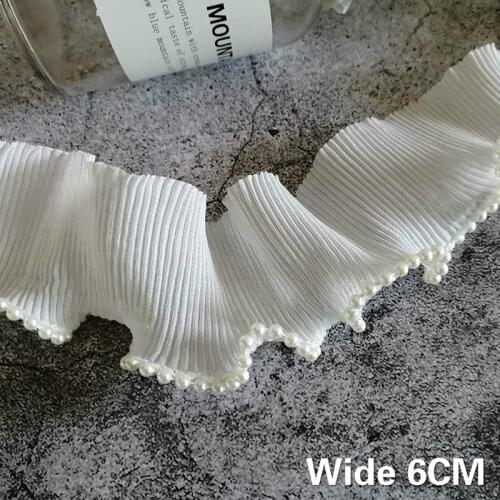 6CM Wide White Pleated Chiffon Lace Elastic Ruffle Trim Micro-elasticity Beaded Fringe Ribbon Collar Neckline Cuffs Sewing Decor