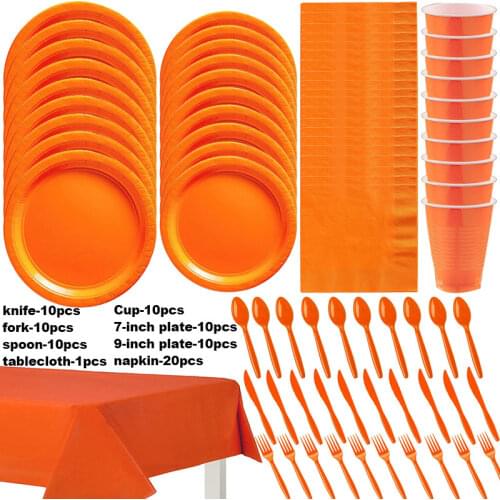 81pcs/Pure Orange Party Plastic Decorations Birthday Disposable Tableware Kit Cups Plates Napkin Kids Birthday Party Supplie Set