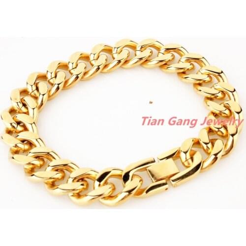 9" 15mm New Design 316L Stainless Steel Gold Curb Cuban Chain Mens Womens Bracelet Bangle Fashion Jewelry Christmas Gift