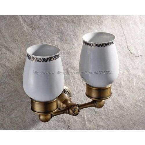 Double Cup Holder Toothbrush Holder with Ceramic Cups Antique Brass Rack Tumbler Holder Wall Mounted Nba432