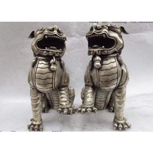 Chinese White Copper Bronze Silver Evil Beast Foo Dog Lion Censer incense burner