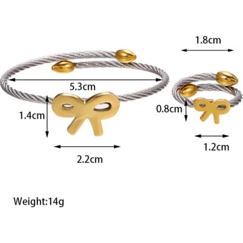 KEJIELAI Bow Sign Stainless Steel Charms In Gold Color Frame Open Cuff Bangle Ring Women Elegant jewelry Set For Wedding Gift