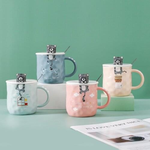 Embossed Kitten Ceramic Mug Creative Cute Cartoon 3D Three-dimensional Kitten with Lid Spoon Gift Coffee Cup Japanese Style
