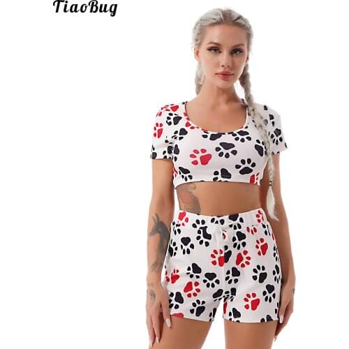 TiaoBug Summer 2Pcs Women Gym Yoga Sport Suit Round Neck Short Sleeves Cartoon Dog Paw Print Cropped T-Shirt And Shorts Set
