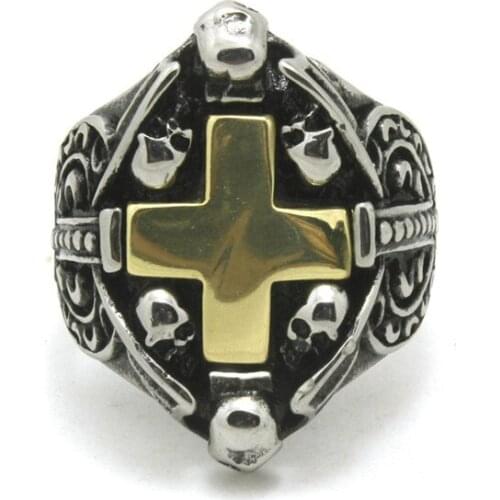 Hot Selling!! Ghost Skull Golden Cross Ring 316L Stainless Steel Top Quality Punk Style Skull Golden Jesus Cross Ring