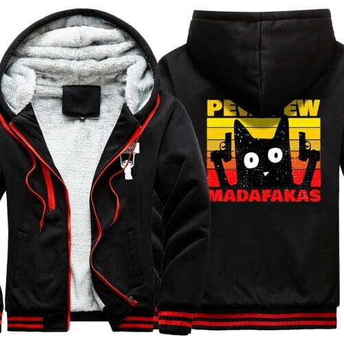 Pew Madafaka Cat Mens Thicken Jackets New Arrival Dark Blue Clothing Winter Casual Korean Style Tracksuits Zipper Retro Homme