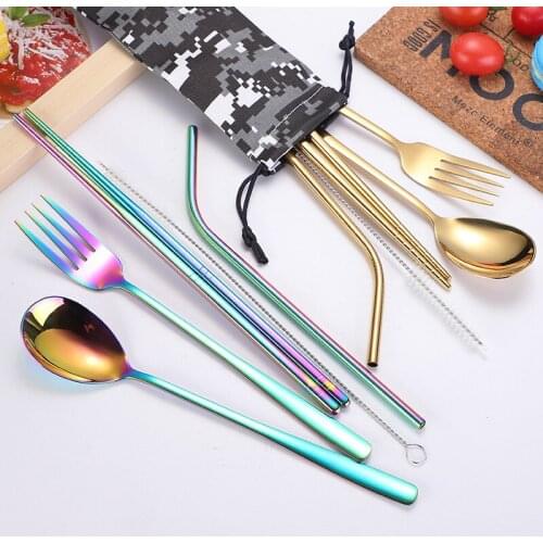 Outdoor Tableware Set 304 Stainless Steel Straw Spoon Fork Chopsticks Five-piece Set Travel Combination Cutlery