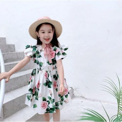 2021 NEW Summer Kids Flowers Dress For Girl Fashion Printing Cute Rose Puff Sleeve Princess Dresses Baby Children Cotton Clothes