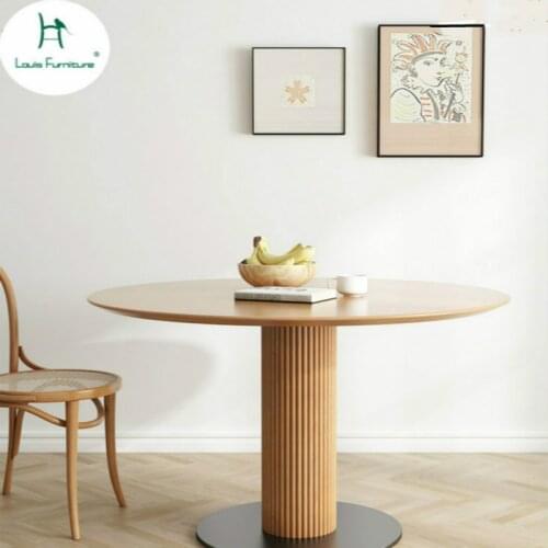 Louis Fashion Dining Table Nordic Retro Round Solid Cherry Wood Iron Base Steady Stainless Steel Frame and Base No Deformatio