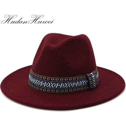 Autumn Winter British Style Woolen Jazz Panama Fedora Hat Gentlemen Elegant Women Solid Wide Brim Church Caps