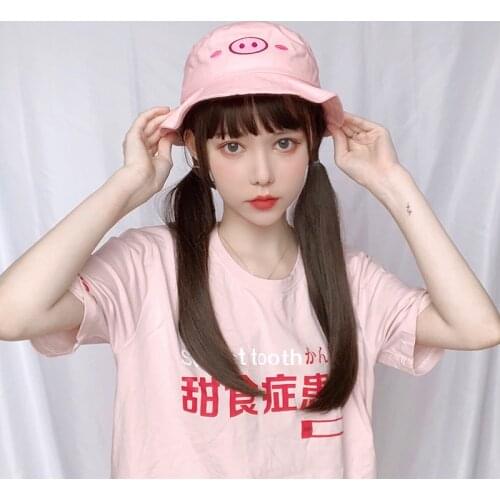 Harajuku Young Girl Cute Pig Pink Bucket hat Summer Japanese Kawaii Lolita Students Sun Hat Flat Cap Casual Fisherman hat