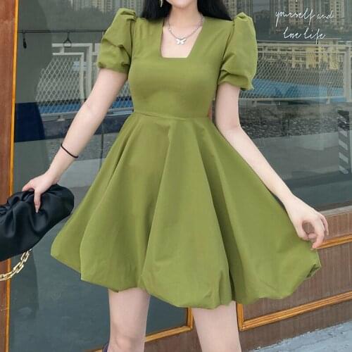 Summer Avocado Green Dress Womens Square Collar Puff Sleeve Waist Waist Thin A-line Puff Skirt Trend Ruffles Casual