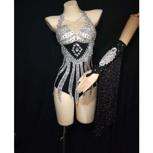 Sexy Stage Silver Rhinestone Spandex Bodysuit Prom Party Sleeveless Outfit Women Dancer Singer Show Bar Jazz Dance Wear