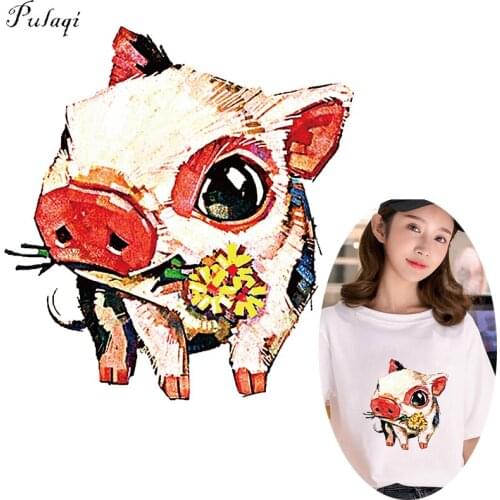 Pulaqi Cartoon Rich Pig Raccoon Iron On Transfers DIY Cute Patches Heat Thermal Transfer Washable For Kids Clothes Accessories F