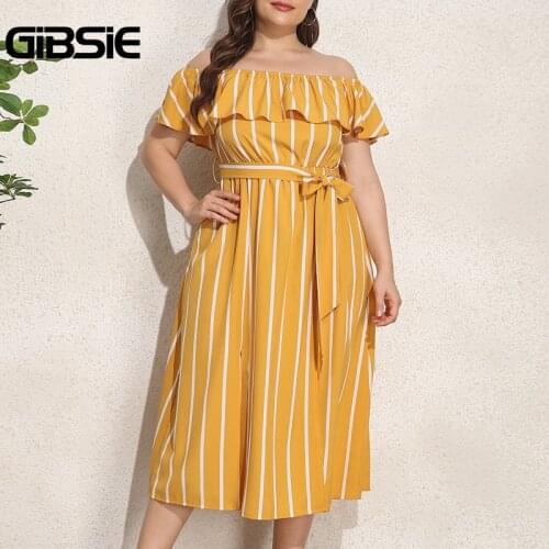 GIBSIE Plus Size Striped Off Shoulder Ruffle Belted Dress Women Summer High Waist Casual Sweet Ladies Split Midi Dresses