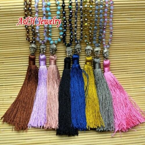 10pc Mixed Color Women Tassel Neon Necklace Faceted Crystal Glass Knitted Silver Alloy Buddha Head Pendants Sweater Chain
