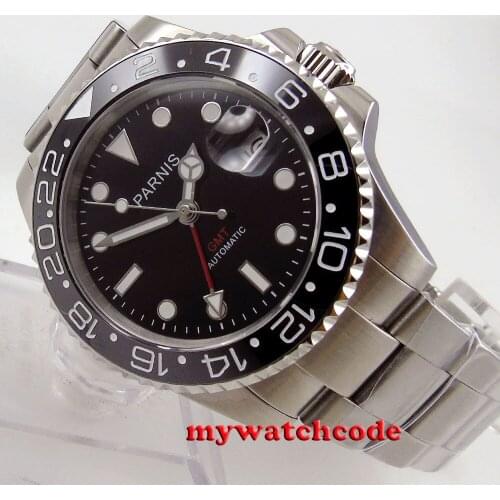 40mm Parnis black dial GMT Sapphire glass Ceramic bezel automatic mens watch 688