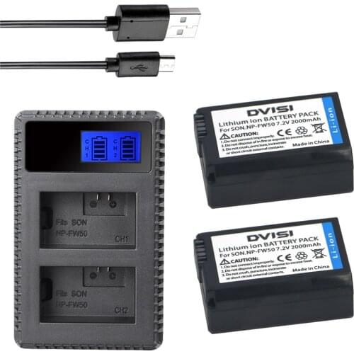 2x DVISI NP FW50 NP-FW50 Camera Battery + LCD Charger for SONY NEX 5T 5R 5TL 5N 5C 5CK A7R A7 F3 3N 3CA55 A37 A5000 A6000 A55