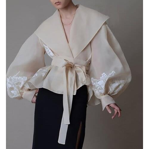 Women Fashion Vintage Skew Collar Tops Womens Lantern Sleeves Blouse Elegant Sashes Shirt For Women Female Stylish Clothes