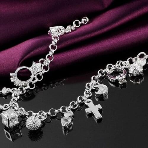 925 Sterling Silver Fashion 13pcs Pendant Chain Charm Bracelet for Women for Teen Girls Lady Gift Women Fine Jewelry
