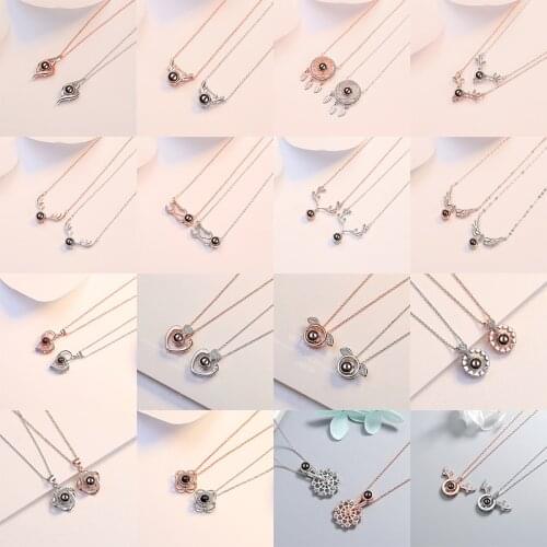 Chereda i love you Necklace 100 Languge Heart Flower Chain Necklaces Rose Gold Projection Pendant Jewelry Statement Choker