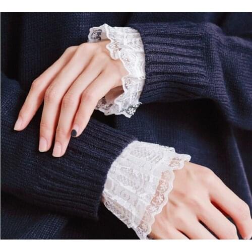 Women Girls Fake Flare Sleeves Floral Lace Pleated Ruched False Cuffs Sweater Blouse Apparel Wrist Warmers