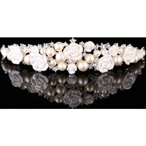 FORSEVEN Pearl Crystal Bride Tiaras and Crown Headdress Hair Jewelry Ceramic Flowers Headband Women Wedding Hair Accessories JL