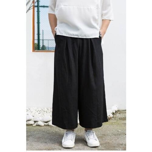 Korean fashion Capris mens pants linen Wide Leg Pants Cotton hemp skirt pants loose Chinese flared pants