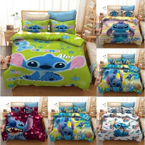 Disney 3D Lilo & Stitch Cartoon Bedding Set Green and Red Duvet Quilt Cover Pillowcase Childrens Deluxe Bedroom Decoration