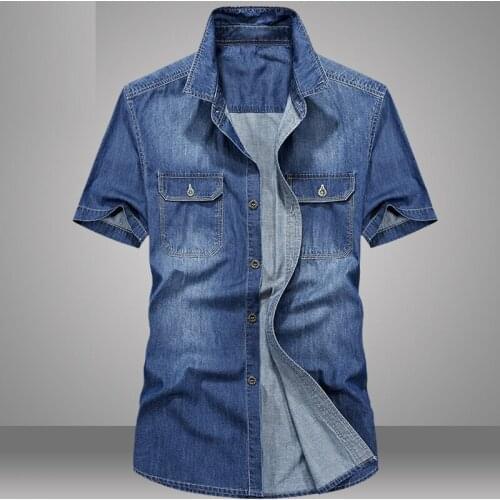 Summer 2018 Mens Bleached Washed XXL Cotton Short Sleeve Denim Shirt Blouse , Casual Meale Man Slim 3XL Jeans Shirts Blouses