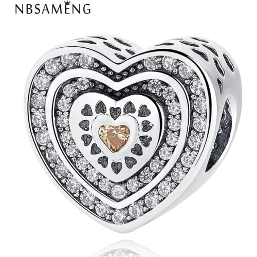 NBSAMENG 100% 925 Sterling Silver Bead Lavish Heart Pave Crystal Charm Beads Fit Original Bracelet For Women DIY Jewelry