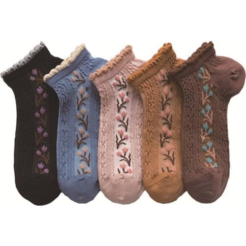 Short Vintage Small Floral Women Socks 5 Pair Summer Thin Section Breathable Ethnic Style Japanese Street Sokken Calzini Donna