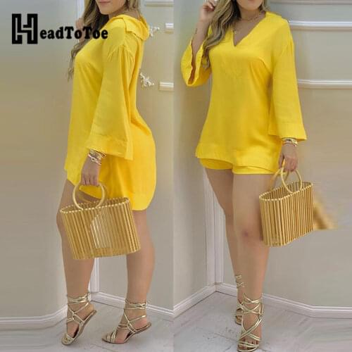 Plain Bell Sleeve V-Neck Top & Shorts Set Casual Women Two Piece Set