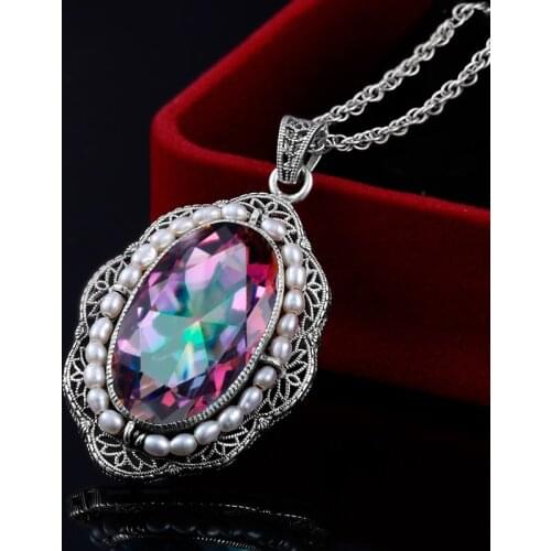Silver 925 Pendant Women Wide Big Oval Mystic Rainbow Topaz Inlaid Pearls Gemstone Pendant Gothic Jewelry Sweater Accessories