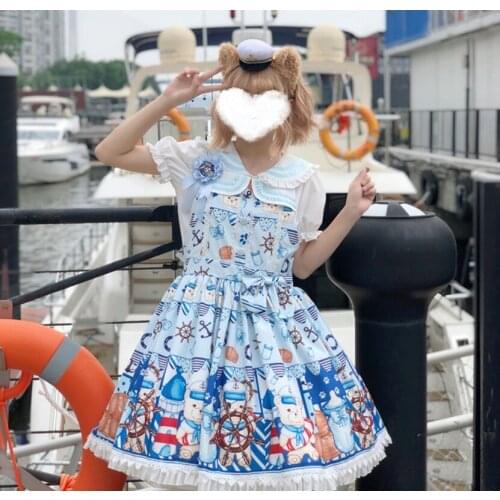 Cute cartoon nautical bear Lolita sling jsk dress vintage Low waist printing victorian dress kawaii girl gothic lolita jsk loli