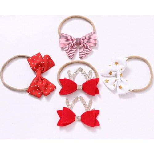 Christmas Reindeer Bow Nylon Headband or hair clip, Girls Fabric Bow Nylon elastic headbands for Christmas Holiday Gift