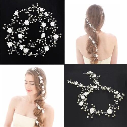 European Bridal Luxury Long Pearl Crystal Flower Headbands Hairband Color Wedding Hair Vine Handmade Women Chain Headband