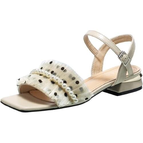 Sandals Women Lace Slippers 2021 Summer New Fashion Flat Pearl Ladies Shoes Thick Heel Mid-heel Large Size Womens Shoes 41-43