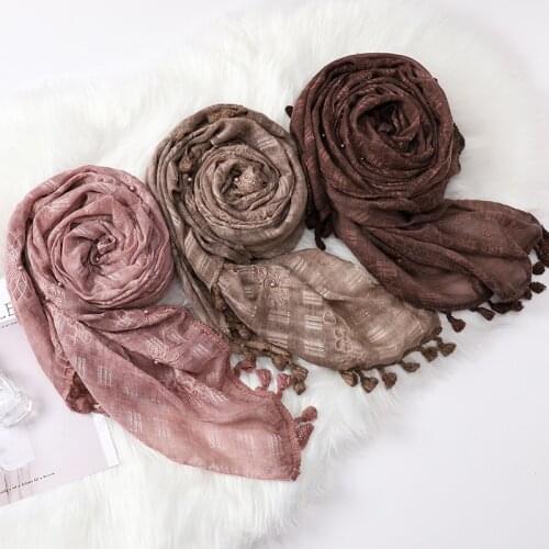 90*180CM Spring/Summer New Style Lace Beads Pure Color Retro Cotton and Linen Ladies Baotou Scarf Muslim Fashion Wholesale