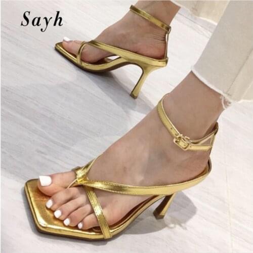 Fashion Women Gold High Heel flip-flops Mules Summer Ankle Strap Stiletto Square Toe Stiletto Sandals Buckle Casual Shoes